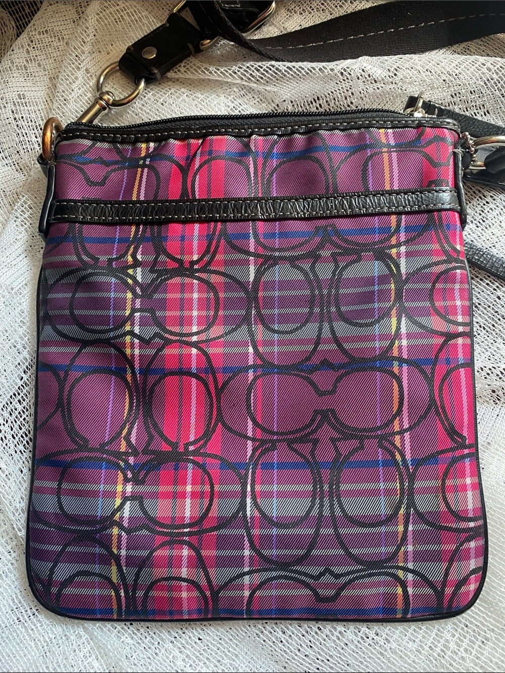 Coach Pink Plaid Signature Crossbody with Black Strap and Leather Trim - Picture 3 of 7